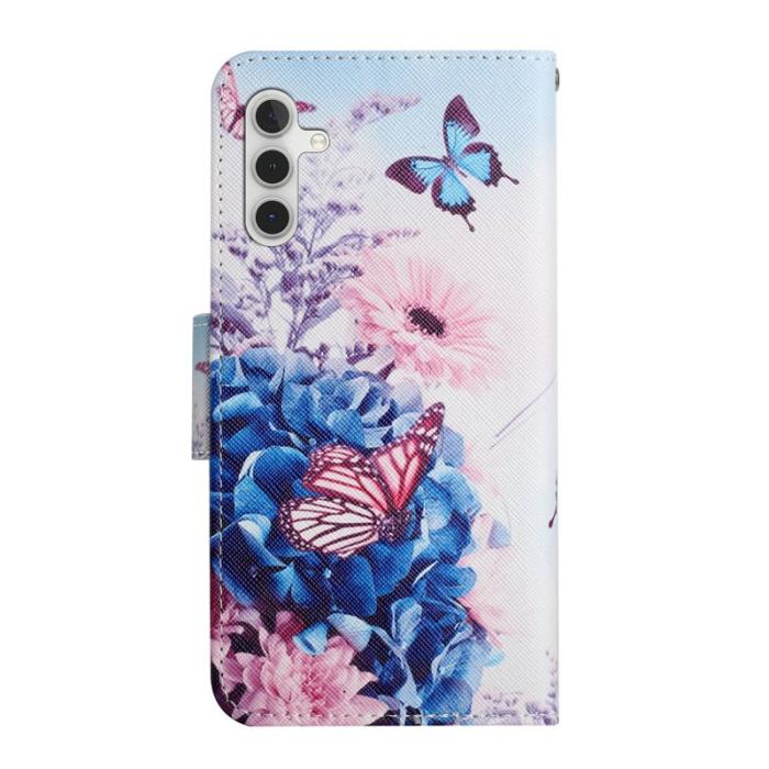 OEM - Mobilfodral för Samsung Galaxy S26 Konstläder med handledsrem - Lila fjäril