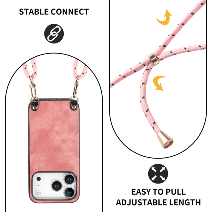 A-One Brand - iPhone 17 Pro Mobilskal med Justerbar Rem Retro Läder - Rosa
