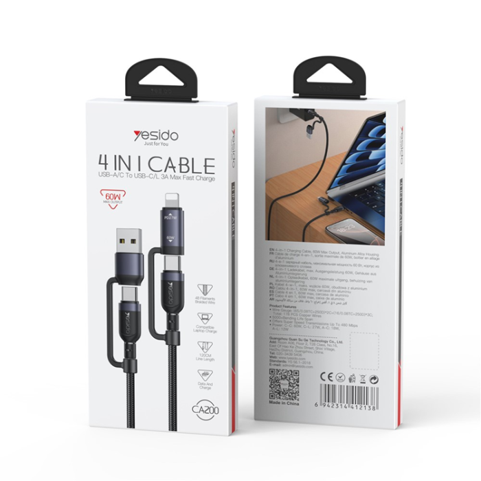 Yesido - YESIDO 4in1 USB - 2x USB-C/Lightning 60W kabel 8-pin 1.2m