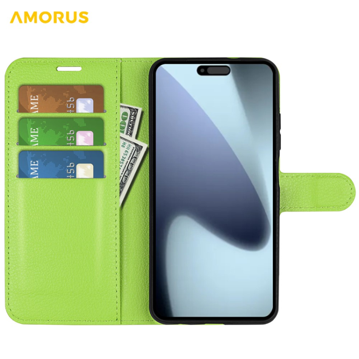 Amorus - AMORUS iPhone 17 Plånboksfodral Flipstativ Litchi - Grön