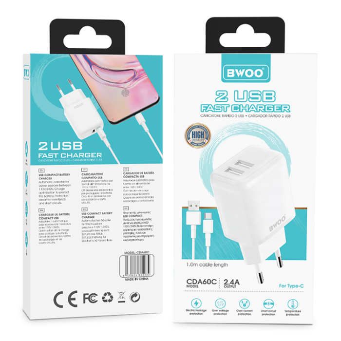BWOO - BWOO Väggladdare 2xUSB-A + USB-C Kabel 1m - Vit