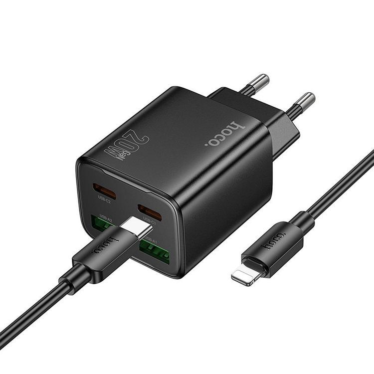 Hoco Snabbladdare PD 20W 2xUSB-A 2xUSB-C QC3.0 3A med Lightning Kabel N55 | 505295 | AlltMobil