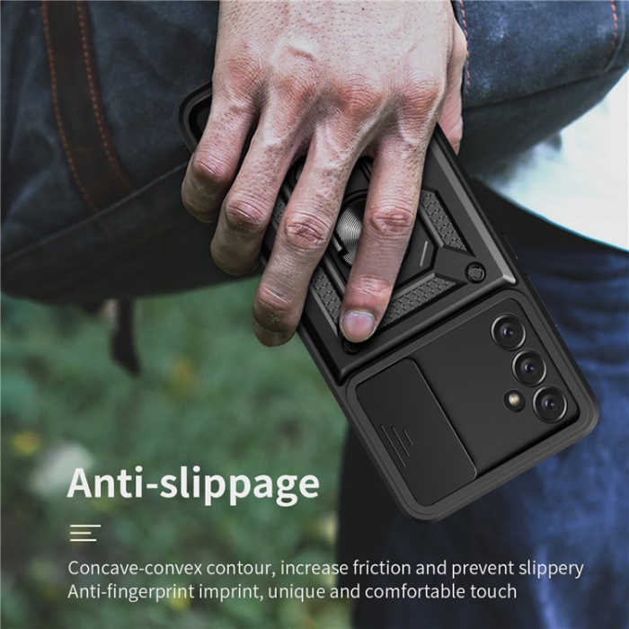 A-One Brand - Galaxy A14 5G/4G Mobilskal Ringhållare Kickstand Slide Kamera - Svart