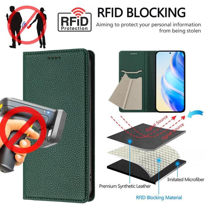 OEM - Litchi Samsung Galaxy S26 Plus Fodral Äkta Läder RFID Skydd - Mörkgrön