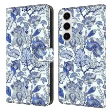 OEM - Samsung Galaxy S26 Fodral &Auml;kta L&auml;der M&ouml;nstertryck - Bl&aring; Blomma