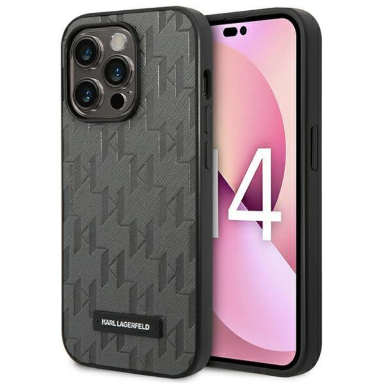 Karl Lagerfeld iPhone 14 Pro Skal Saffiano Mono Metal Logo - Grå | 2353 | AlltMobil