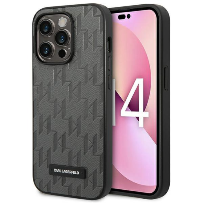 UTGATT1 - Karl Lagerfeld iPhone 14 Pro Skal Saffiano Mono Metal Logo - Grå