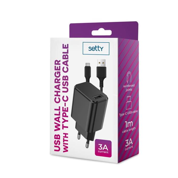 Setty - Setty Väggladdare 15W USB-C med Kabel 3A - Svart