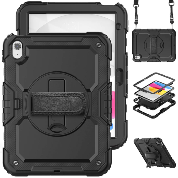 A-One Brand - iPad 10.9 (2022) Skal Shock-Resistant Hybrid med Axelrem - Svart