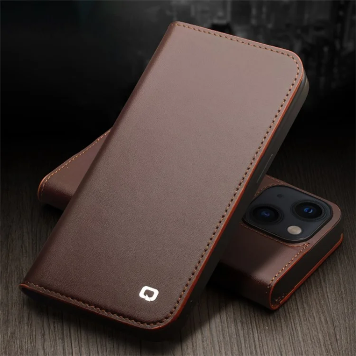 QIALINO - Qialino iPhone 15 Plånboksfodral Äkta läder - Brun