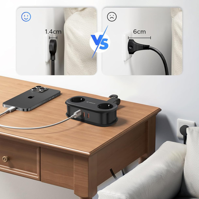 ORICO - Orico 5in1 Grenuttag 20W GaN 2xUSB-A 1xUSB-C 2xAC AP3 - Svart