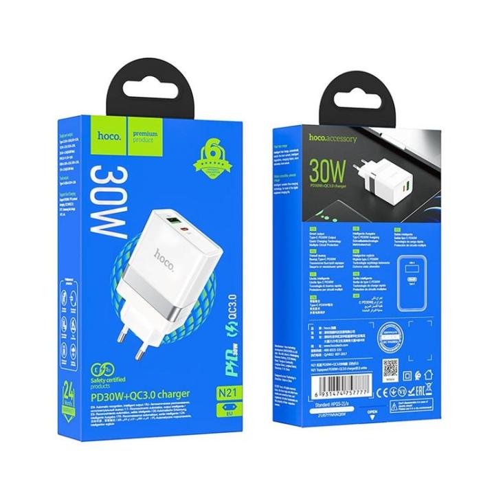 Hoco - Hoco Väggladdare 2-Port USB/USB-C - Vit