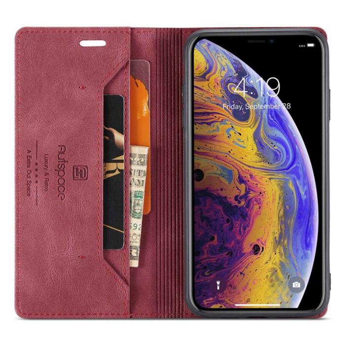AUTSPACE - AUTSPACE A01 iPhone X/XS Plånboksfodral Konstläder - RFID Blocker - Röd