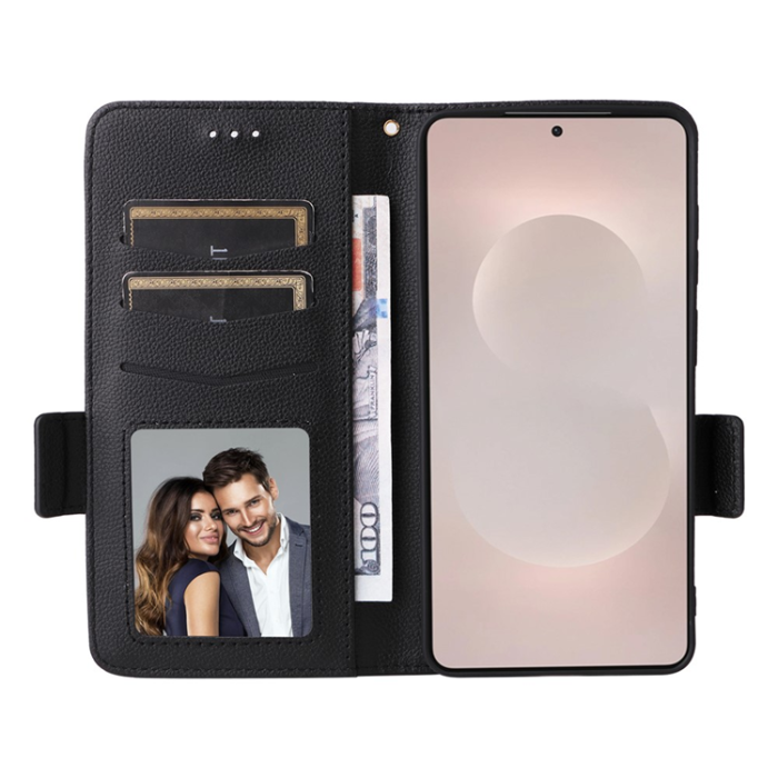A-One Brand - Galaxy S26 Edge Plånboksfodral Litchi Läder med Rem - Svart