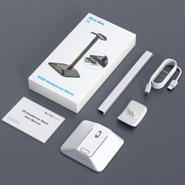 A-One Brand - NEW BEE RGB-Ljus Hörlursställ med USB, Typ-C Expansionshub Z8 - Silver