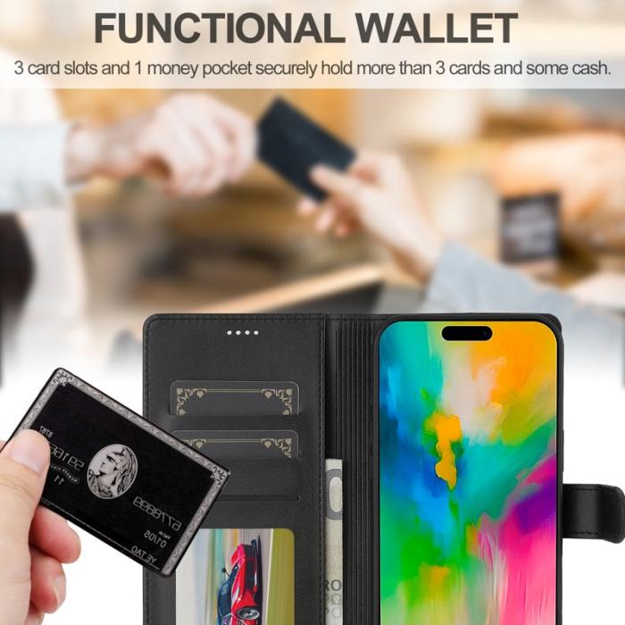 LC.imeeke - LC.IMEEKE iPhone 16 Pro Plånboksfodral Konstläder - Svart