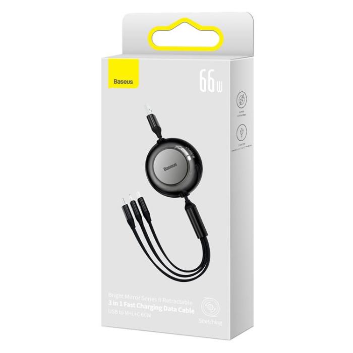 UTGATT1 - Baseus Retractable 3in1 microUSB/Lightning/Typ-C 66W 1.1m - Svart
