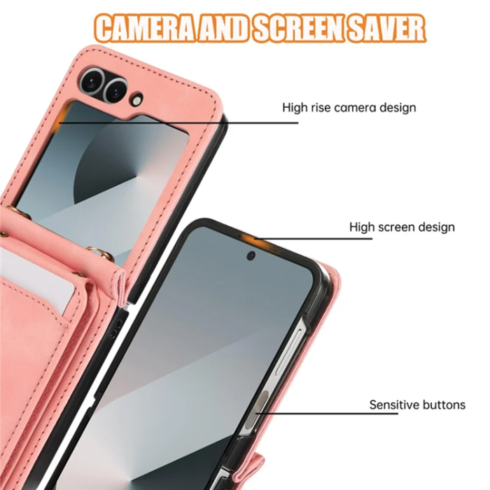 A-One Brand - Galaxy Z Flip7 Plånboksfodral Kickstand med Axelrem - Rosa
