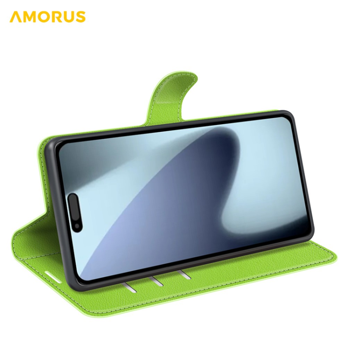 Amorus - AMORUS iPhone 17 Plånboksfodral Flipstativ Litchi - Grön