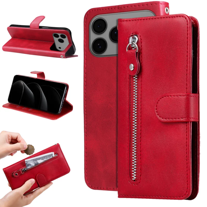 A-One Brand - iPhone 17 Pro Max Plånboksfodral Zipper - Röd