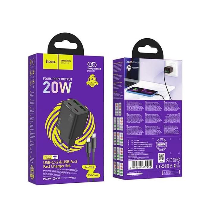 Hoco - Hoco Snabbladdare PD 20W 2xUSB-A 2xUSB-C QC3.0 3A med Lightning Kabel N55