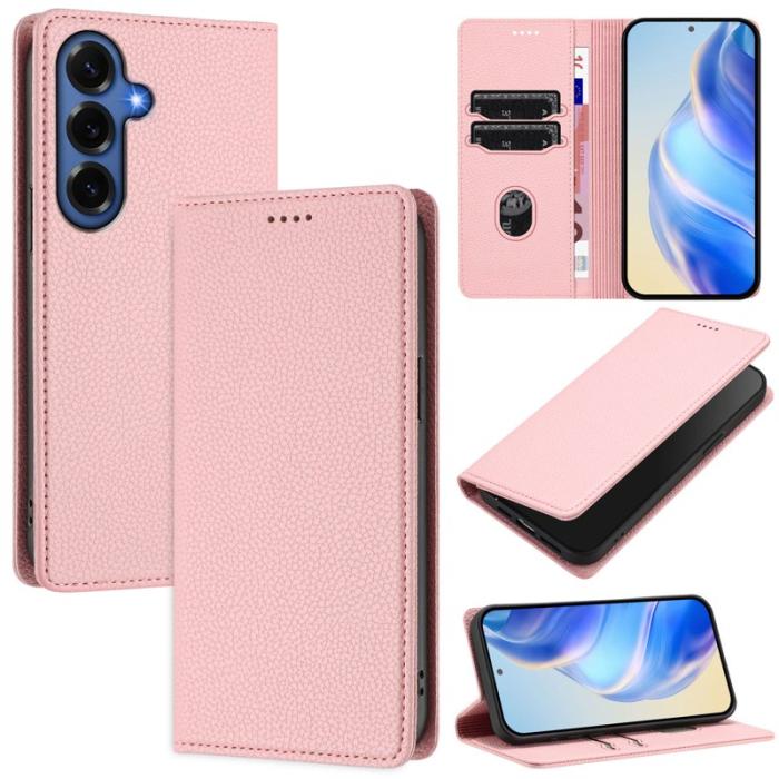 OEM - Litchi Samsung Galaxy S26 Plus Fodral RFID Skydd Äkta Läder - Rosa