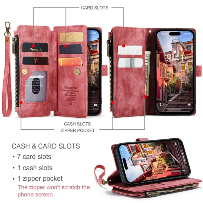 Caseme - CASEME iPhone 15 Pro Plånboksfodral C30 Zipper - Röd