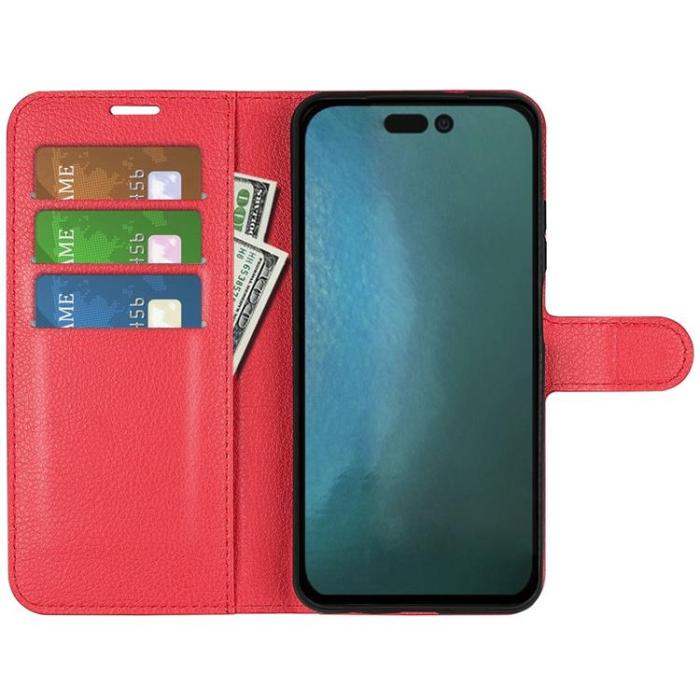 OEM - Litchi Flip iPhone 14 Pro Max Plånboksfodral - Röd