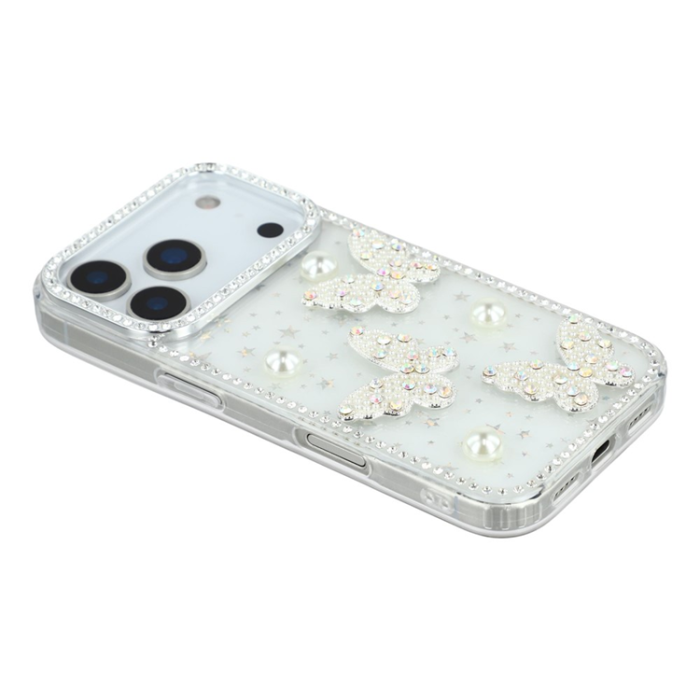 A-One Brand - iPhone 17 Pro Max Mobilskal Rhinestone Edge Pearl Butterfly