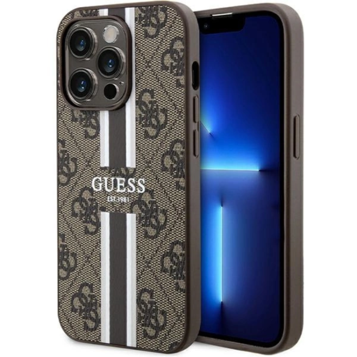 Guess - Guess iPhone 15 Pro Mobilskal Magsafe Printed Stripes - Brun