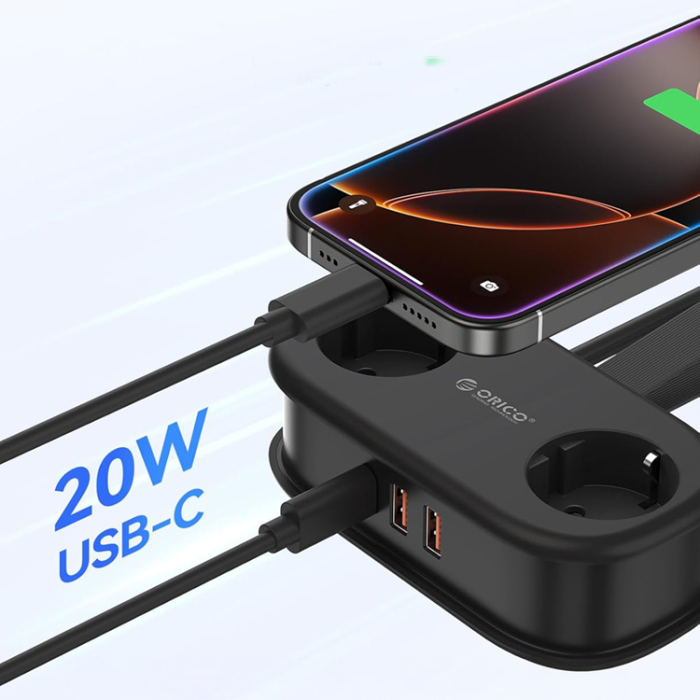ORICO - Orico 5in1 Grenuttag 20W GaN 2xUSB-A 1xUSB-C 2xAC AP3 - Svart