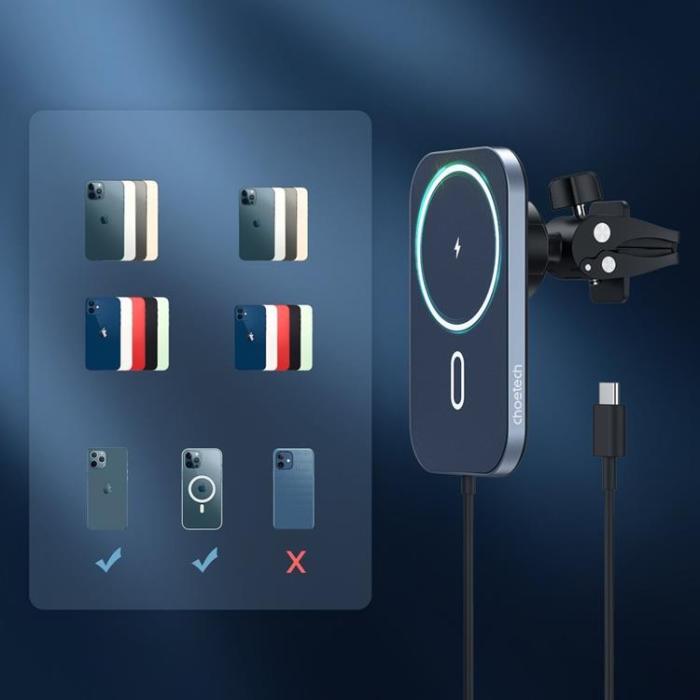 Choetech - Choetech MagSafe Magnetfäste För Bil Induktiv Qi-laddare 15W - Svart