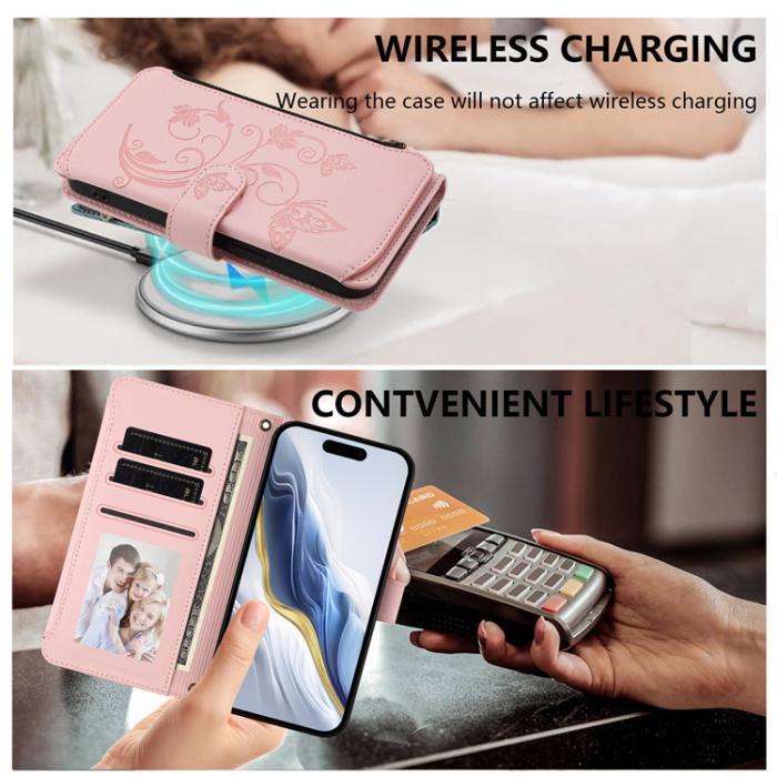 A-One Brand - iPhone 17 Plånboksfodral Butterfly Floral Imprint - Rosa
