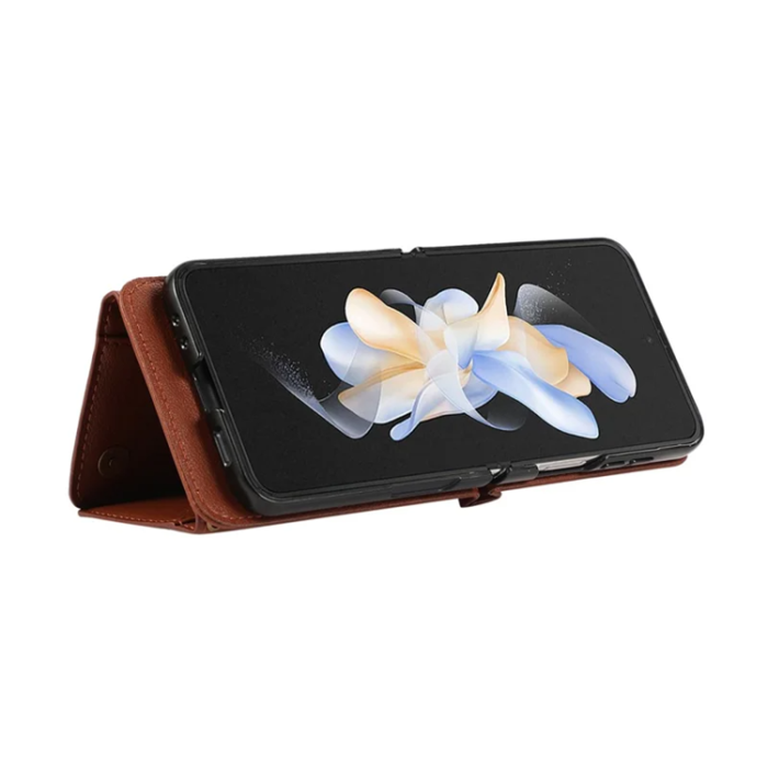 A-One Brand - Galaxy Z Flip7 Plånboksfodral Zipper Kickstand med Axelrem - Brun