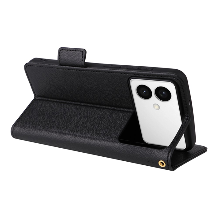 A-One Brand - Galaxy S26 Edge Plånboksfodral Litchi Läder med Rem - Svart