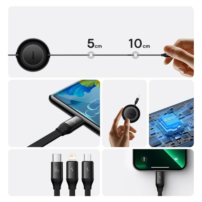UTGATT1 - Baseus Retractable 3in1 microUSB/Lightning/Typ-C 66W 1.1m - Svart