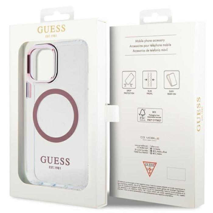 Guess - Guess iPhone 12 Pro/12 Mobilskal Magsafe Metall Outline - Rosa