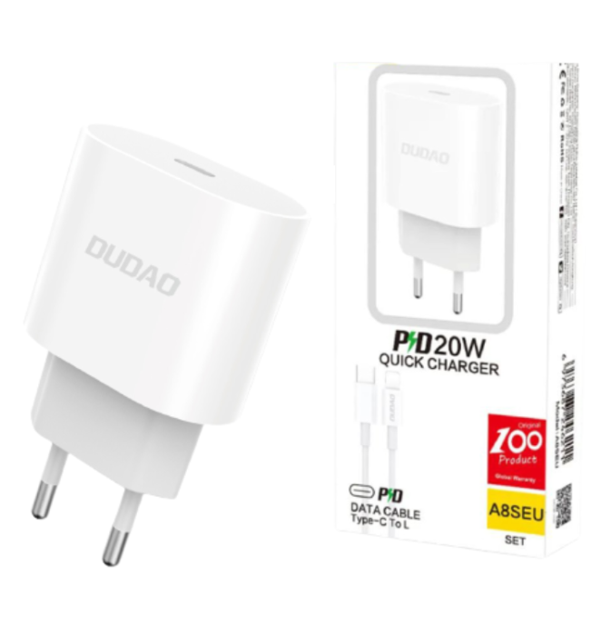 Dudao - Dudao Fast Väggladdare PD 20W + USB-C Kabel 1M - Vit