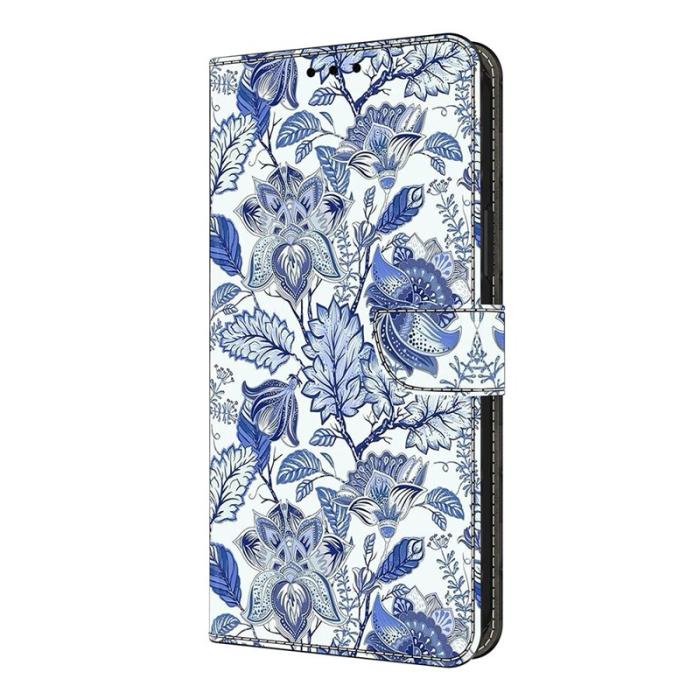 OEM - Samsung Galaxy S26 Fodral Äkta Läder Mönstertryck - Blå Blomma