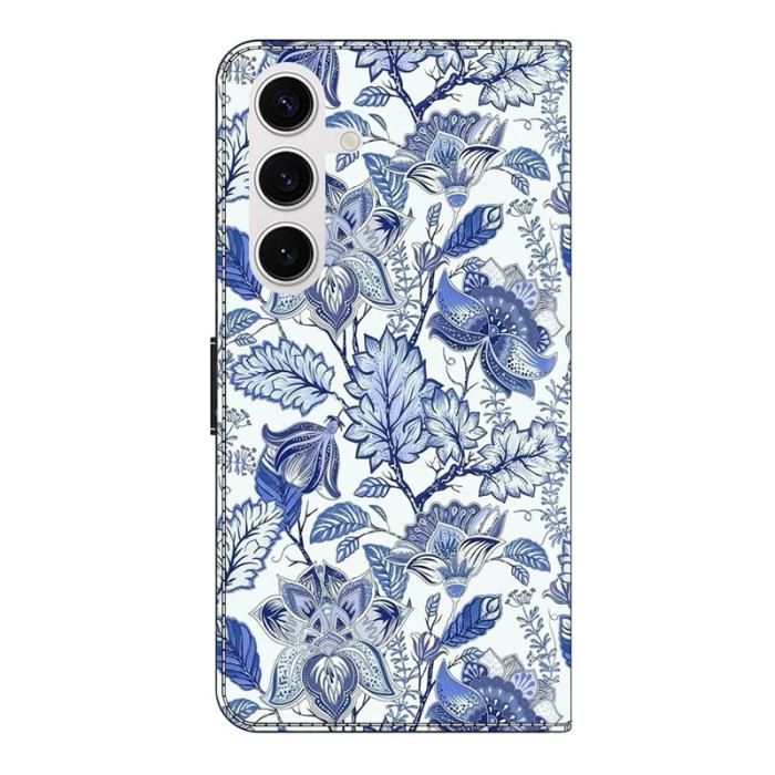 OEM - Samsung Galaxy S26 Fodral Äkta Läder Mönstertryck - Blå Blomma