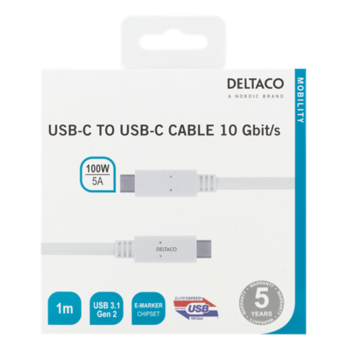 UTGATT1 - Deltaco USB-C till USB-C Kabel 1m 100W - Vit