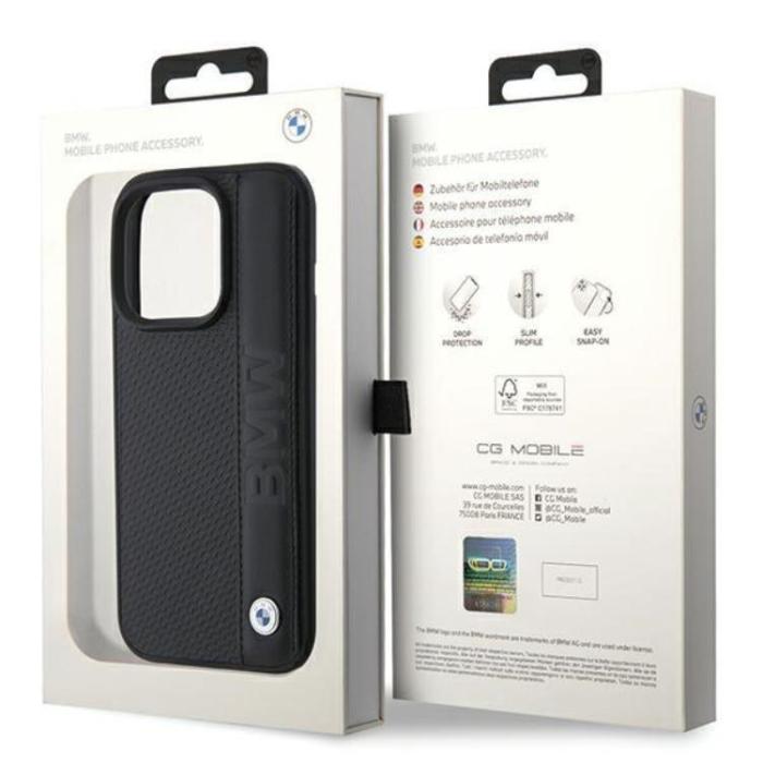 BMW - BMW iPhone 15 Pro Mobilskal Läder Textured & Stripe - Svart