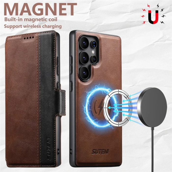 SUTENI - SUTENI Galaxy S23 Ultra Plånboksfodral Magsafe Cowhide - Brun