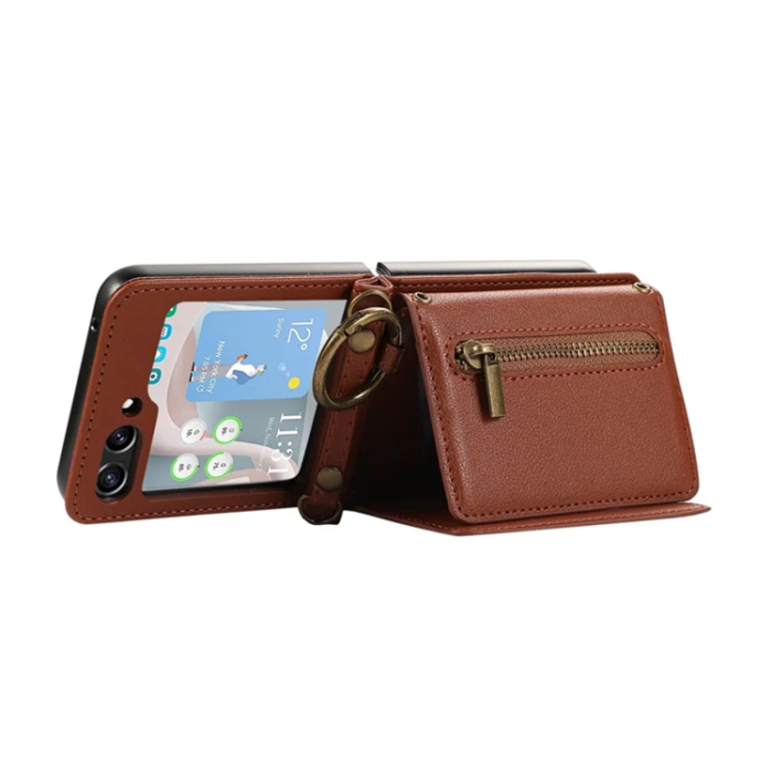 A-One Brand - Galaxy Z Flip7 Plånboksfodral Zipper Kickstand med Axelrem - Brun