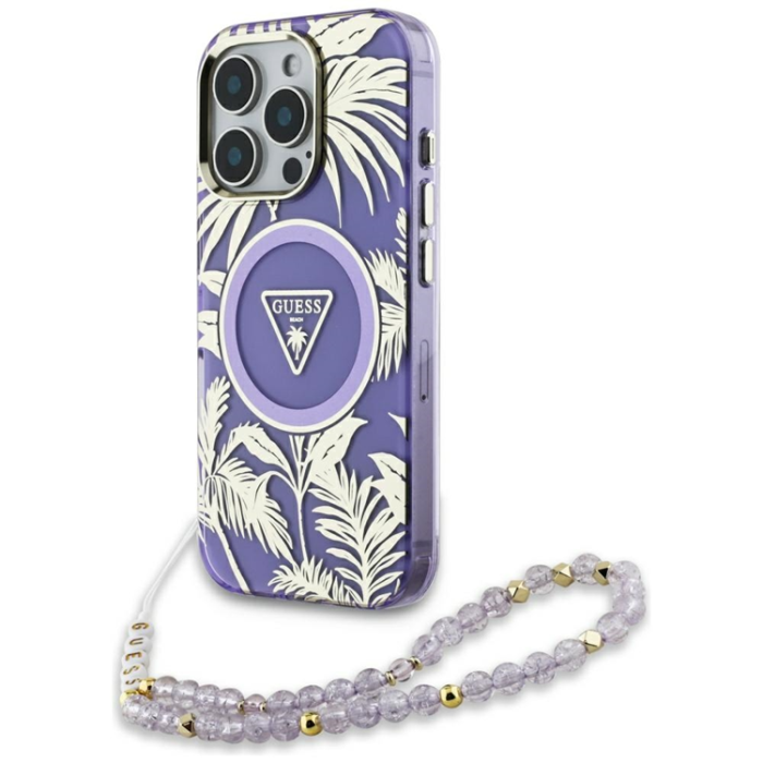 Guess - Guess iPhone 16 Mobilskal Magsafe Palm Trees Med Pearl Strap
