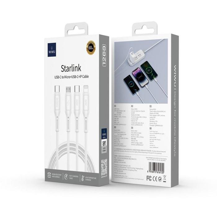 WIWU - WIWU 3in1 USB-C Till USB-C, Lightning, Micro-USB Kabel 60W 1m Starlink - Vit