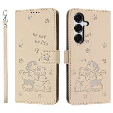 OEM - Pl&aring;nboksfodral f&ouml;r Samsung Galaxy S26 Konstl&auml;der med rem - Beige