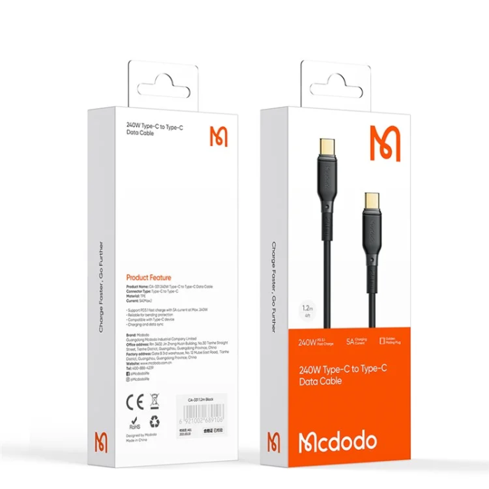 MCDODO - MCDODO USB-C - USB-C 240W Kabel 1.2m CA-3310 MDD PD - Svart