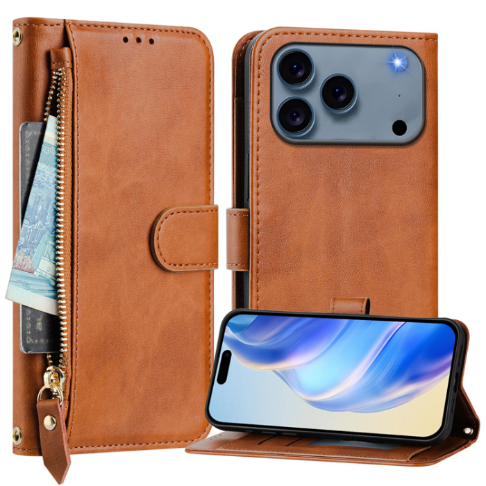 A-One Brand - iPhone 17 Pro Plånboksfodral Zipper Pocket Läder - Brun
