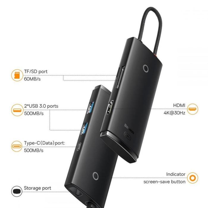 BASEUS - Baseus Lite Series 6-Port HUB Adapter USB-C - Svart